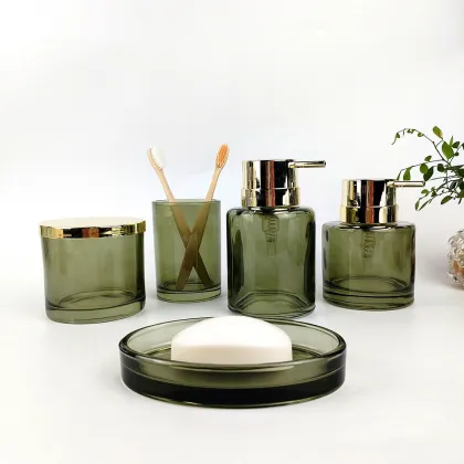 Modern Olive Green Glass Bathroom Set with Gold Hardware