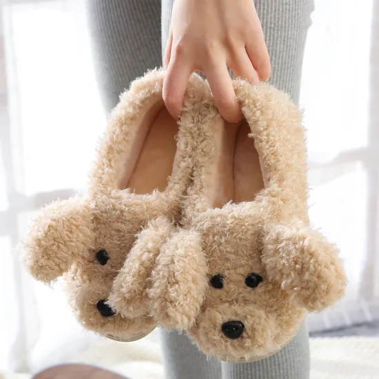 Cute Lucky Dog Anime Home Slippers Women Winter Flip Flops Fashion Ladies Soft Warm Plush Indoor Flat Shoes Couples Men Bedroom