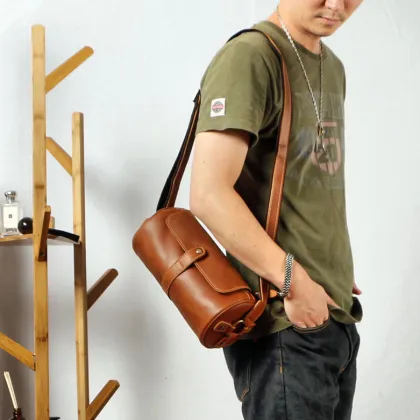 Leather Cool Barrel Sling Crossbody Bag for men