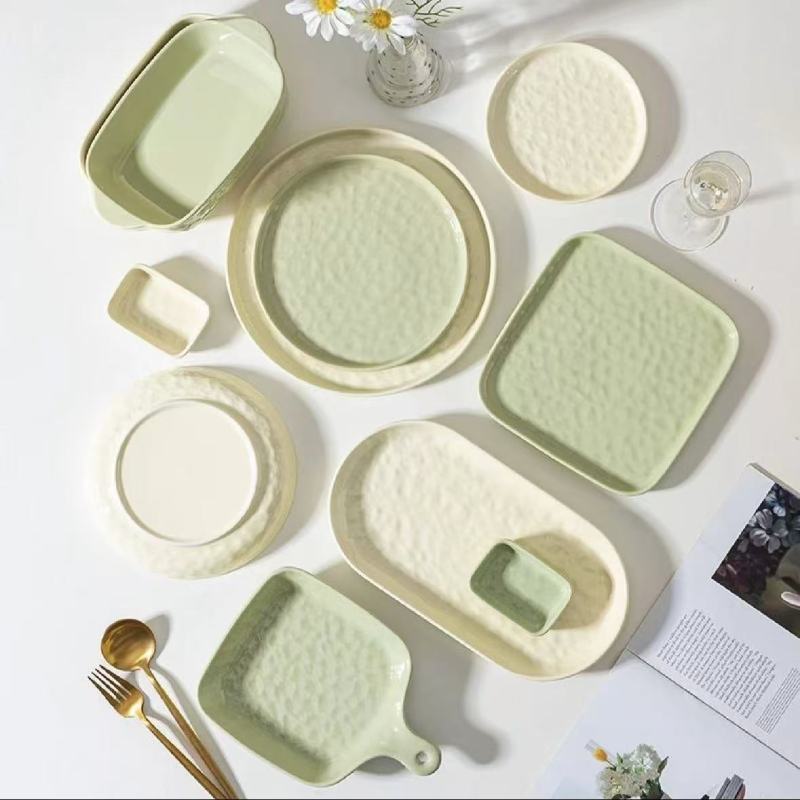 Elegant Asian-Inspired Dinnerware Set with Textured Green Finish