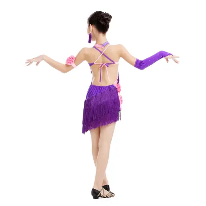 Hot selling tassels sexy purple cheap dance dresses for children