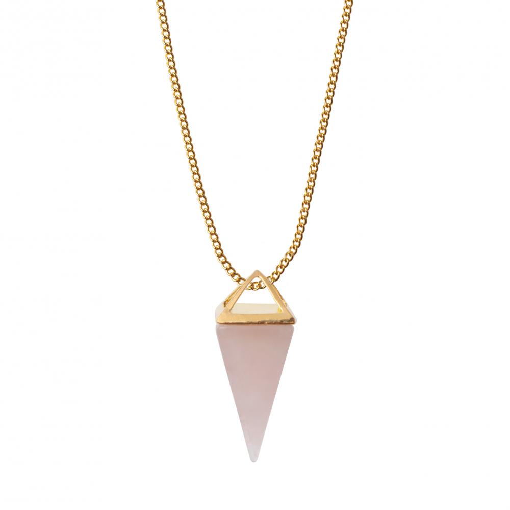 Collier en cristal de quartz pyramidal avec pendentif en quartz rose