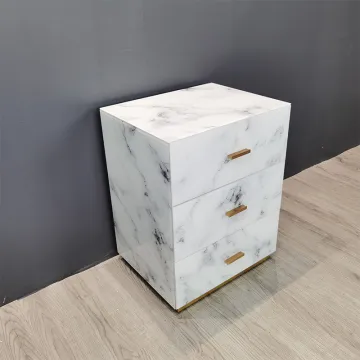 Hongsing Marble Texture 3 Drawer Glass Bedside Table