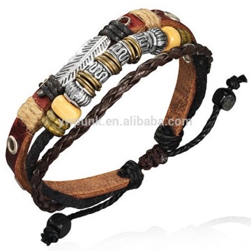 Adjustable Feather Charm Beads Latest Women Designs Genuine Leather Bracelet