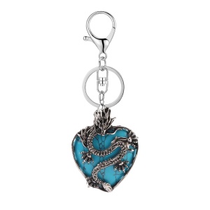 Turquoise Heart Antique Silver Dragon Gemstone Pendant (32x42mm) Keychain