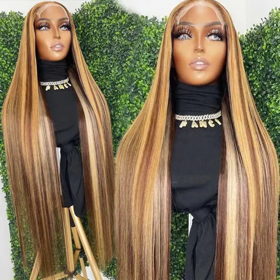 Customized Texture Long Honey Blonde Human Hair Wig Brown Highlight Color Cuticle Aligned Hair Transparent Lace Front Wigs