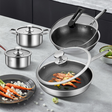 Juego de utensilios de cocina de acero inoxidable con sartén de panal, wok, sopa y olla de leche