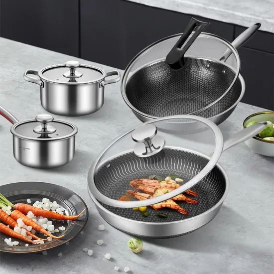 Stainless Steel Kitchenware Set with Honeycomb Frying Pan, Wok, Soup Pot, and Milk Pot