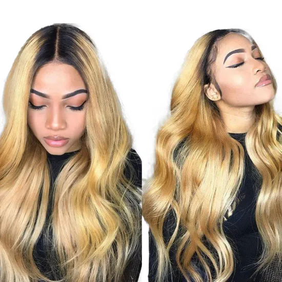 150% Ombre Blonde Lace Front Human Hair Wig Straight Remy 1B/27 Colored Human Hair Ombre Wigs 1B/613 Deep Part Swiss Lace Wig