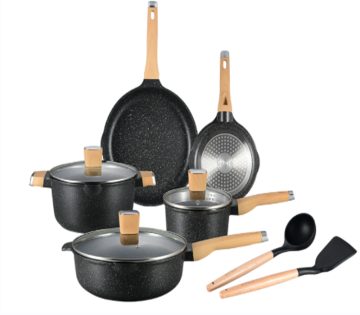 High Quality Home Cookware Set: Nonstick, Big Cast, Induction Friendly, with Wooden, Glass, Plastic, Silicone Handles, Suitable for Gas Cooking