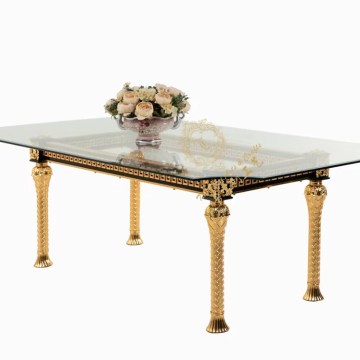 European Style Simple Design Wedding Hotel Family Golden Copper Rectangular Glass Table