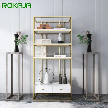 Elegant Metal Frame Bookshelf with Wooden Drawers