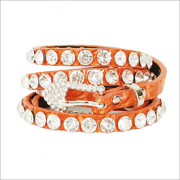 Wholesale Women's One Line Rhinestone Orange Leather Stud Accent Belt