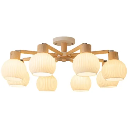 Japanese Wooden Chandelier E27 Glass Pendant Lighting for Restaurant Bedroom