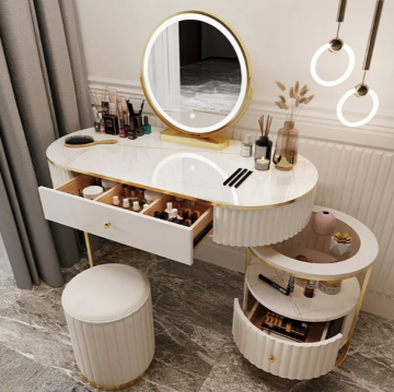 Moderner Waschtischspiegel -Set: Schminktisch, Make -up -Tisch, Holzschubladenkommode mit beleuchteten Merkmalen
