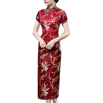 Chinese Traditional Style Women's Silk Pattern Midi Length Printed Dragon and Phoenix Cheongsam Dress