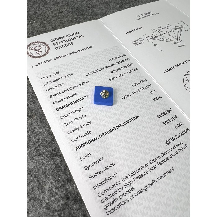 แหวนเพชรแฟนซีสีเหลืองอ่อน 1.05CT VS1 2EX Lab Grown