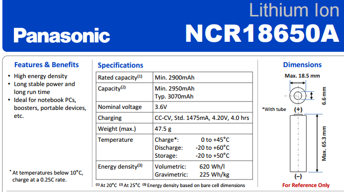 panasonic NCR18650A 3070mah