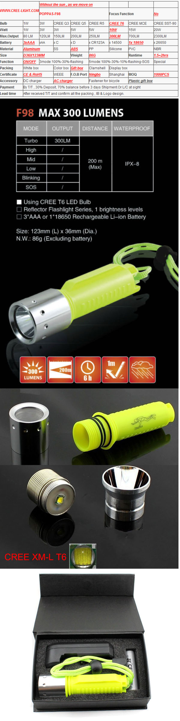 10W / 300lumens CREE T6 Diving LED Diving Flashlight (POPPAS-F98)