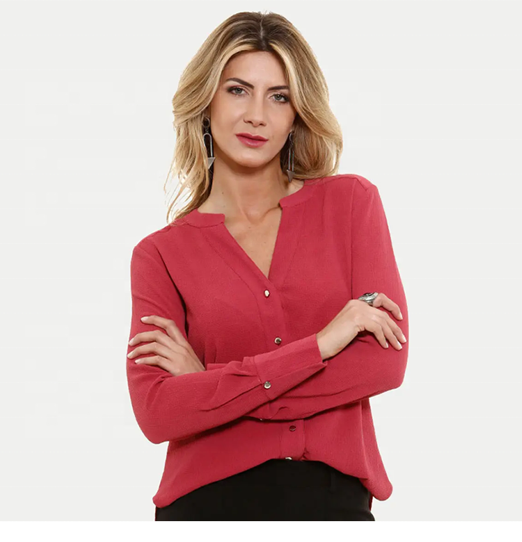 Crepe Chiffon Long Sleeve V-Neck Red Causal shirts