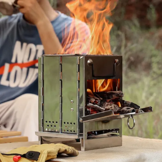outdoor hiking stainless steel BBQ Grill folding pordable unlimited natural fuels wood burning camp stove