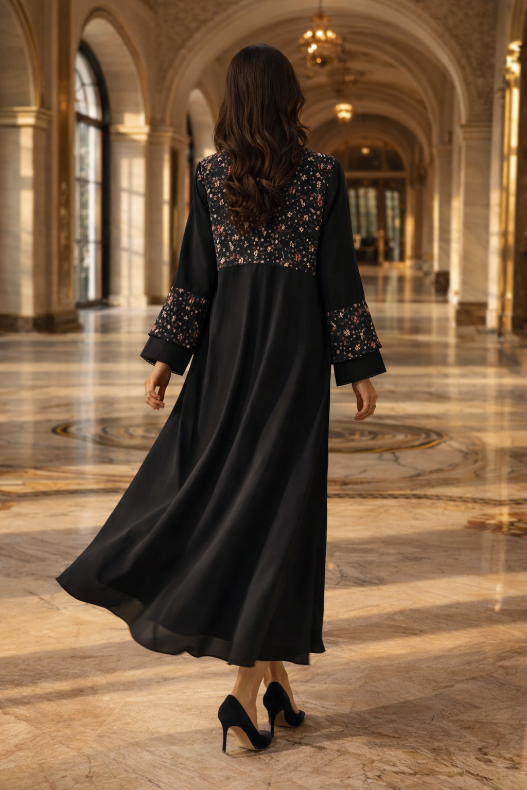 black floral print abaya flowing back view