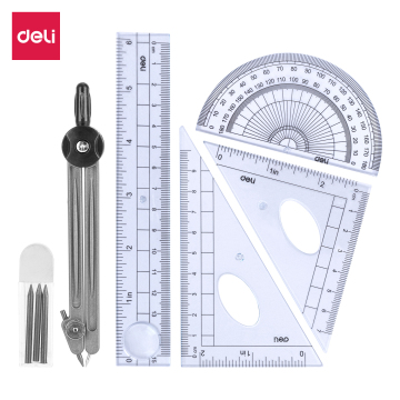 Hoogwaardige deli E9609 School TraFTing Set - 6 PCS Ruler, Square, gradenbeurt, kompas, 15 cm transparante wiskundeset