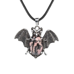 Rhodochrosite 13X18mm Cabs Antique Silver Alloy Antique Silver Alloy Bat Pendant Necklace 45cm Black Cord