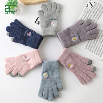 ALLCH Autumn Winter Thickened Touch Screen Chrysanthemum Embroidery Warm Gloves