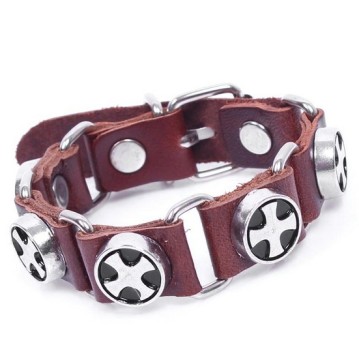 Fashion real leather bracelet metal round buttons with cross black enamel factory wholesale price