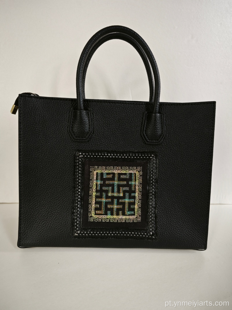 Pasta de negócios bordada de couro crossbody portátil