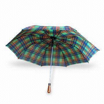 Two-fold Auto Open Golf Umbrella, Made of Polyester Check Fabric, with Wooden Stick Handle