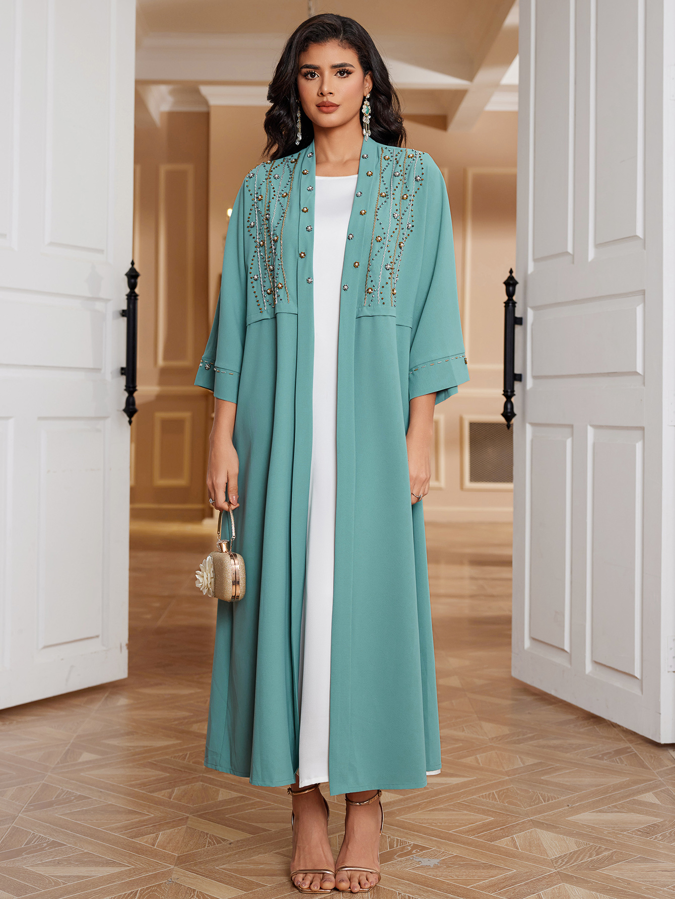 Crystal Embellished Hand Beaded Open Abaya Cardigan
