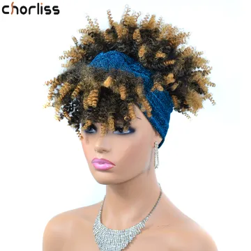 Wholesale Cheap Short Ombre Kinky Curly Fluffy Turban Wigs Wrap Heat Resistant Afro Synthetic Headband Attached Wigs For Women