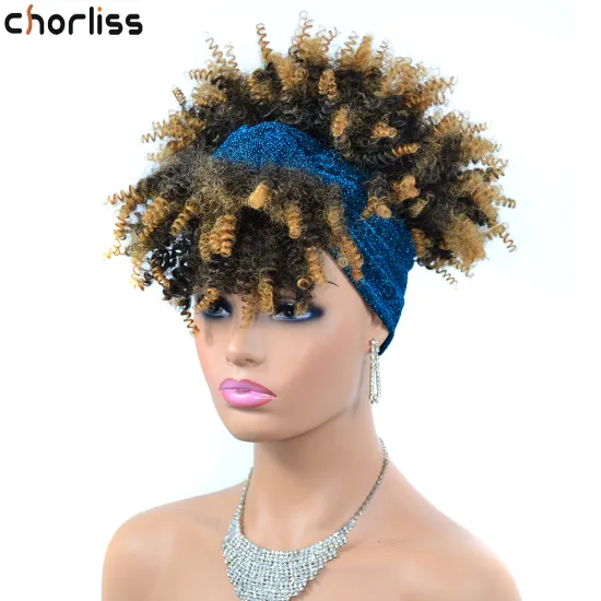 Wholesale Cheap Short Ombre Kinky Curly Fluffy Turban Wigs Wrap Heat Resistant Afro Synthetic Headband Attached Wigs For Women