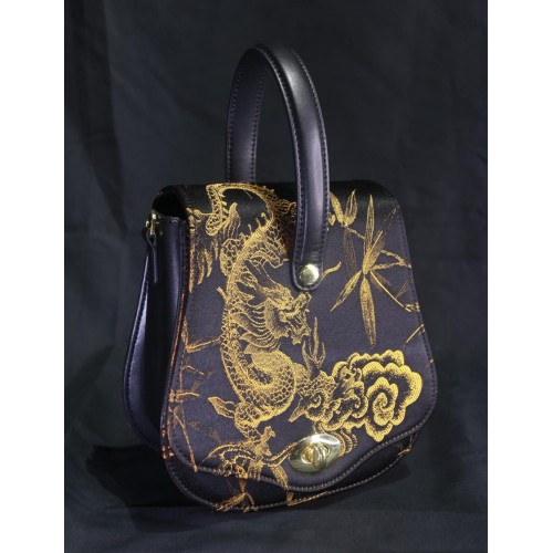 Bolso tote de lujo de seda negra con dragón dorado