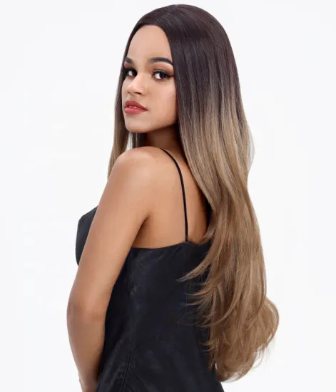 Ombre Brown 31inches  Long Natural Hairline Body Wave Swiss U Middle Part High Temperature  Synthetic Lace Front Wig For Woman