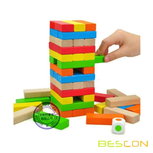 Colored Wooden Building Block Dominoes, Tumbling Tower Game with 2 Dice (48  Pieces)