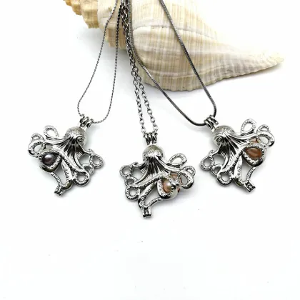 Silver Stone Pearl Cage Ocean Octopus Locket Necklace