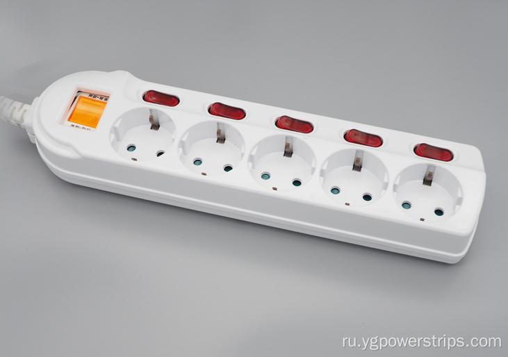 5-Outlet Germany Standard Power Strip Независимые переключатели