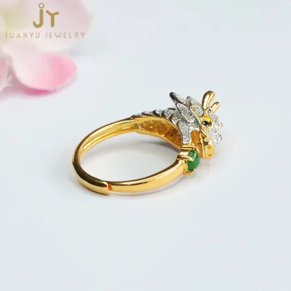 Golden Plated S925 Silver Dragon-Shaped Jadeite Rings with Green Myanmar and Natural Burma Jade