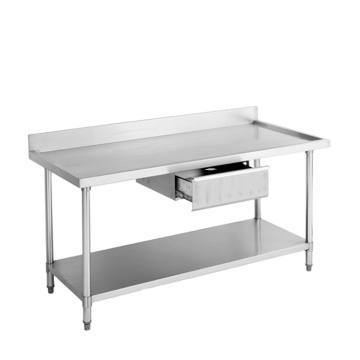Mesa de trabajo de acero inoxidable de hotel comercial con cajones y chapoteo