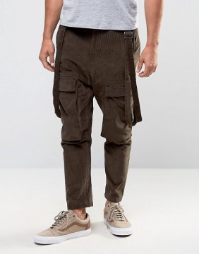 Custom Manufacturer Utility Pockets Strap Drop Crotch 100% Cotton Cord Breathable Functional Brown Men's Cargo Bib Pants