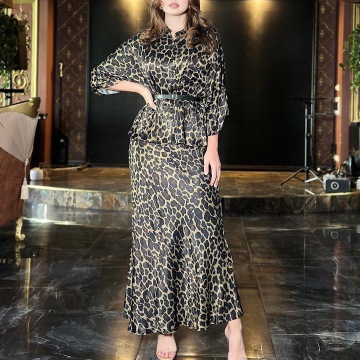 Two-Piece Ruffles Sleeve Shirt & Skirt Set with Leopard Print for Ramadan and Eid