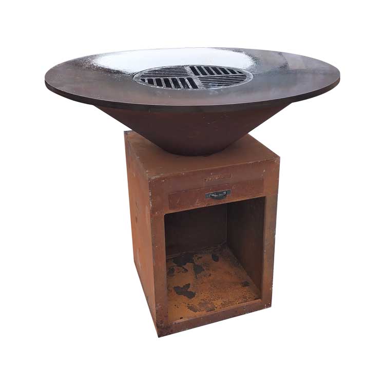 Corten steel fire pit with BBQ grill