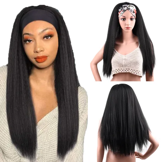 Hot Selling 24 Inch Chic Style Kinky Straight Hair Headband Wig With Pre-attached Scarf Synthetic Yaki Straight Headband Wigs