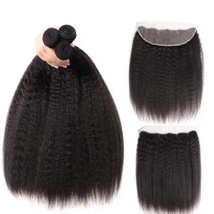 WIGNEE Kinky Straight Hair Extensions Natural Black Remy Hair Bundles With Closure 13x4 Lace Frontal Closure With Bundles