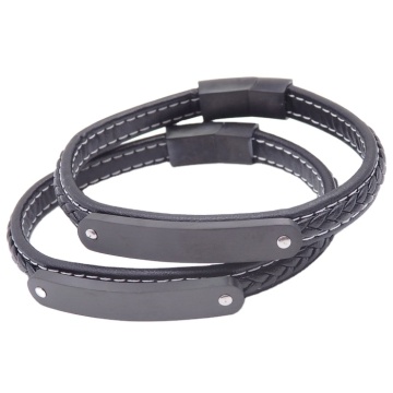Stainless Steel Matt Black Mexican Classic Jewelry Men's Magnetic Hemp Stitch Leather Bracelet