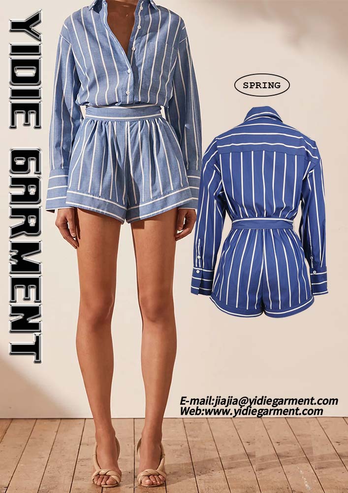 Striped Long Sleeve Drawstring Waist Flared Short Jumpsuits Jpg