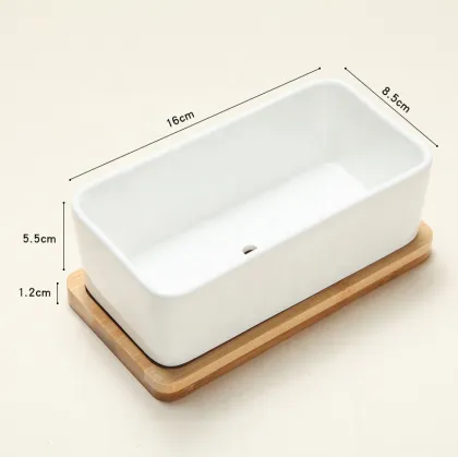 Ceramic Cactus Flower Pot with Bamboo Tray